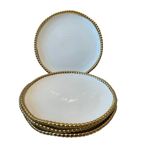 LA PINETINA Ceramic Appetizer Plates 8.5in Set of 4 White Gold Beaded Rim NEW - Picture 4 of 9